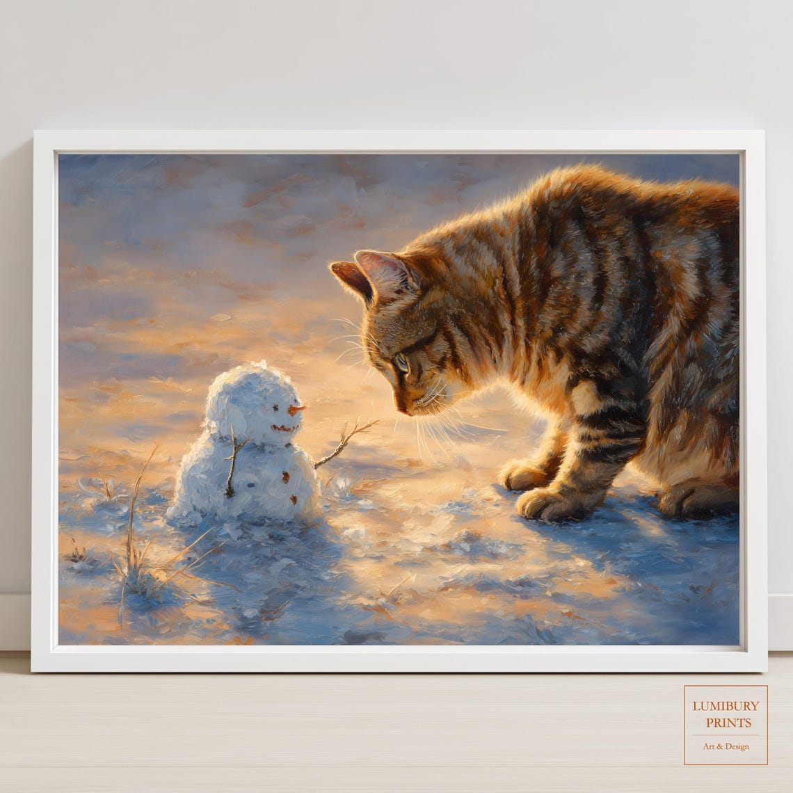 Tabby Cat Meeting Tiny Snowman Winter Sunset Heartwarming Art Print