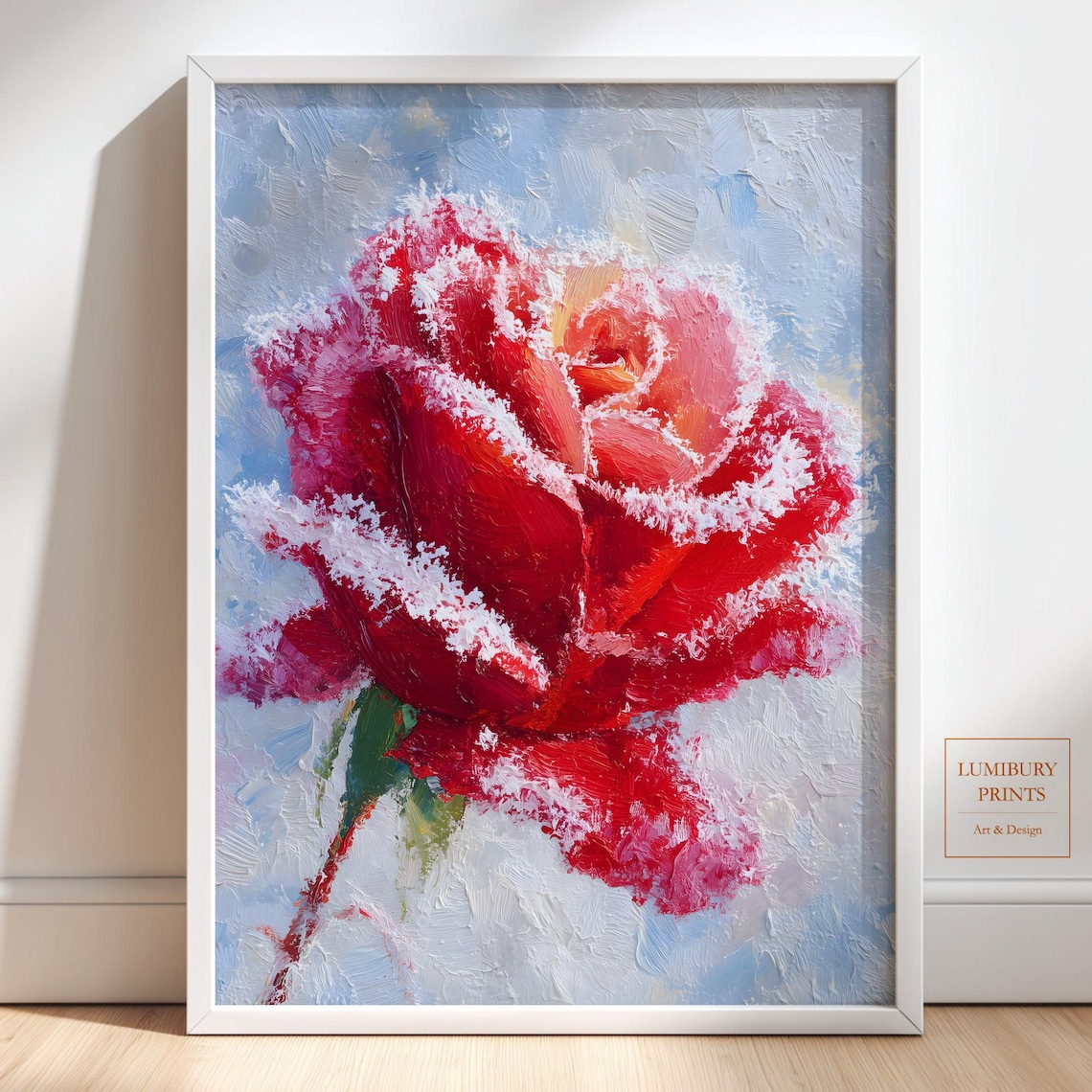 Red Rose Frost Winter Impasto Oil Painting Floral Art Poster