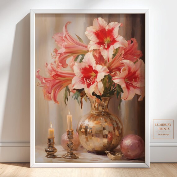 Christmas Amaryllis Pink Gold Vase Candles Holiday Botanical Print