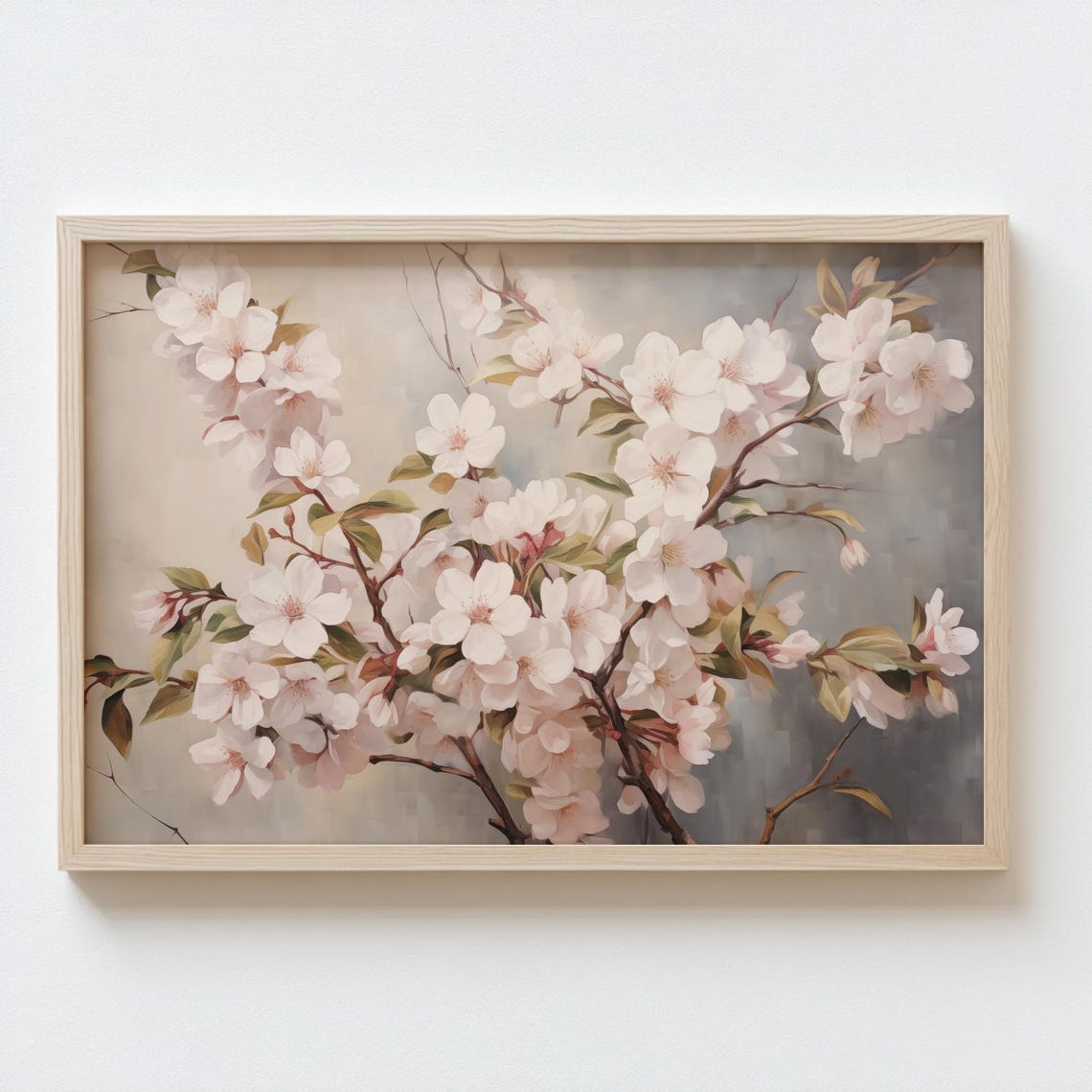 White Spring Blossoms on Dark Branches Soft Gray Botanical Poster