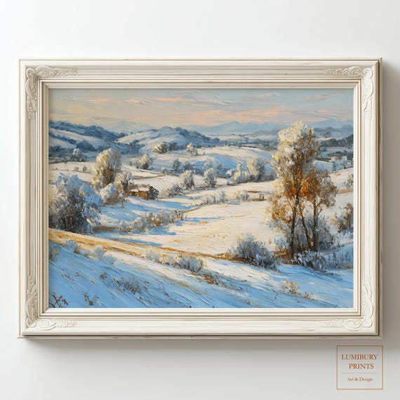 Winter Landscape Art Mountain View Print Snowy Countryside Wall Instant