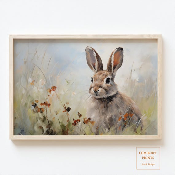 Vintage Impressionist Bunny Oil Painting Neutral Easter Wall Art Rustic Farmhouse Decor