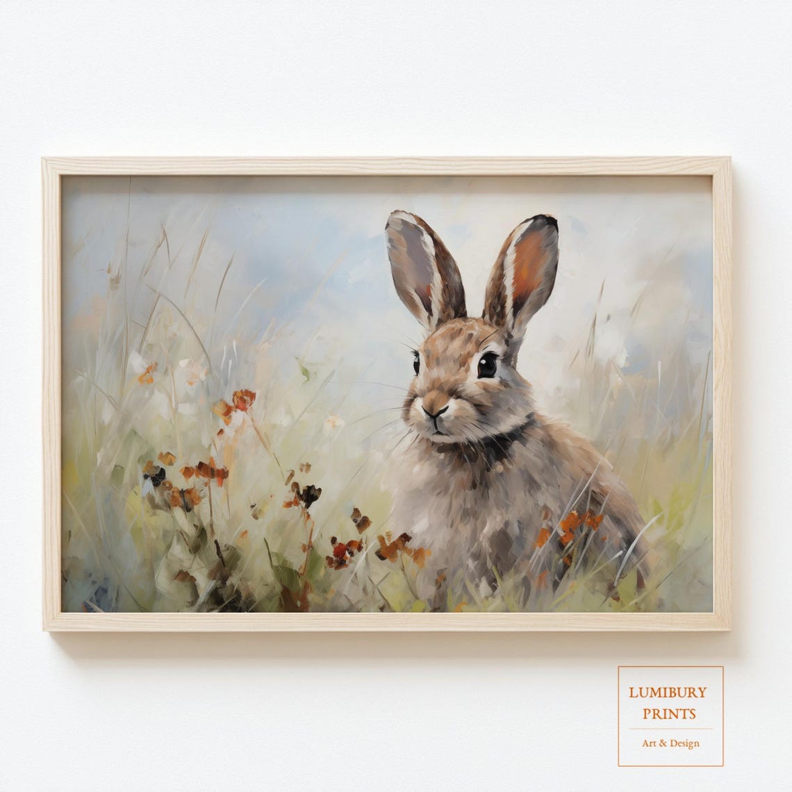 Vintage Impressionist Bunny Oil Painting Neutral Easter Wall Art Rustic Farmhouse Decor