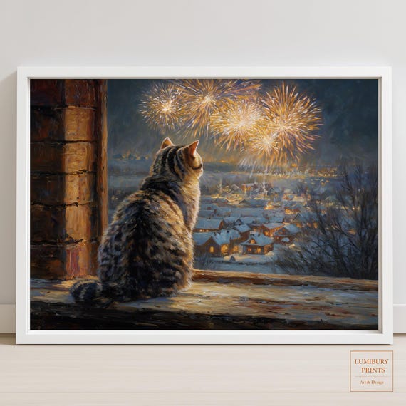 Snowy Cat Wall Art Winter Village Print Firework New Year Decor Instant