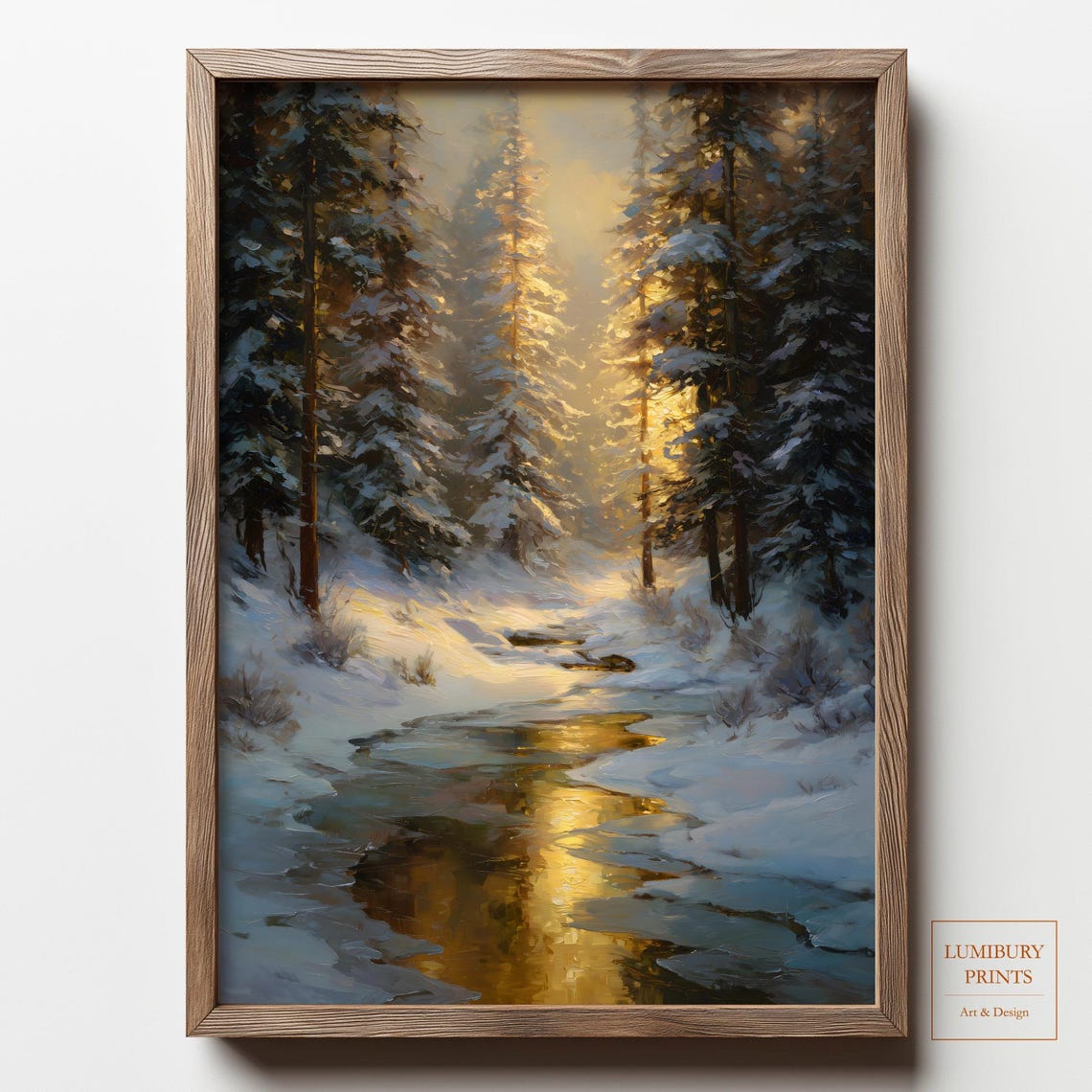 Winter Stream In Snowy Pine Forest Sunrise Oil Painting Poster