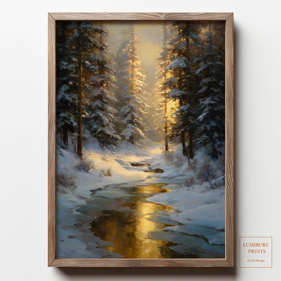 Winter Landscape Wall Art Snowy Forest Print River Painting Golden Light Decor Instant