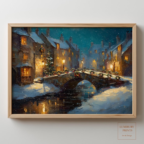 Snowy Stone Bridge with Christmas Wreaths Village Night Poster