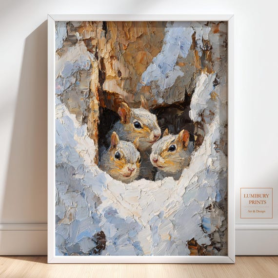 Winter Animal Wall Art Squirrel Print Rustic Decor Forest Painting Instant