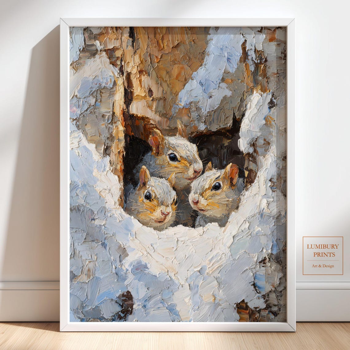 Three Chipmunks Snowy Tree Hollow Winter Animal Oil Painting Print