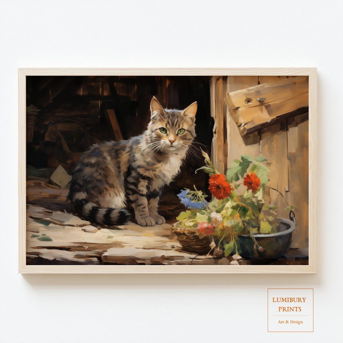 Tabby Cat in a Rustic Doorway Vintage Oil Painting Cat Art Poster