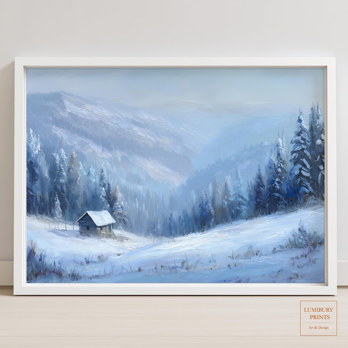Blue Winter Mountain Valley Snowy Cabin Forest Landscape Painting Wall Art