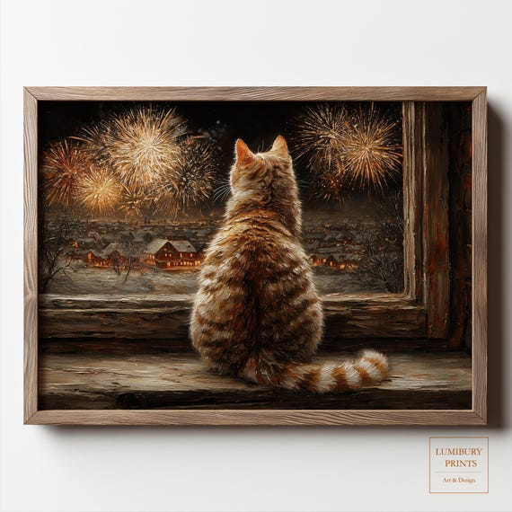 Winter Cat Wall Art Snowy Village Poster Firework New Year Decor Instant