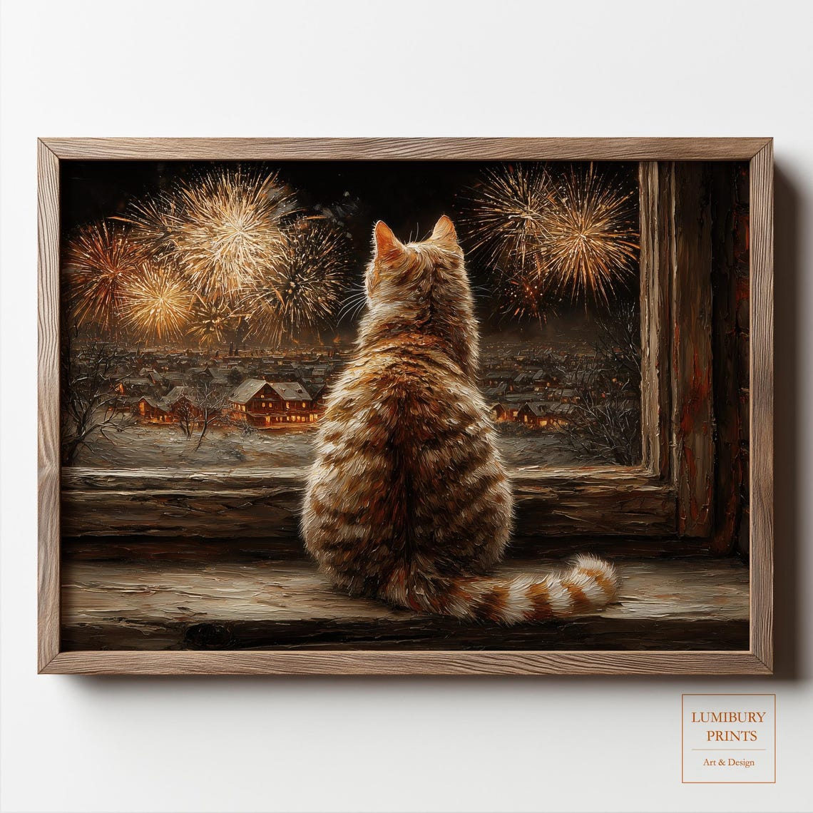 Winter Cat Wall Art Snowy Village Poster Firework New Year Decor Instant