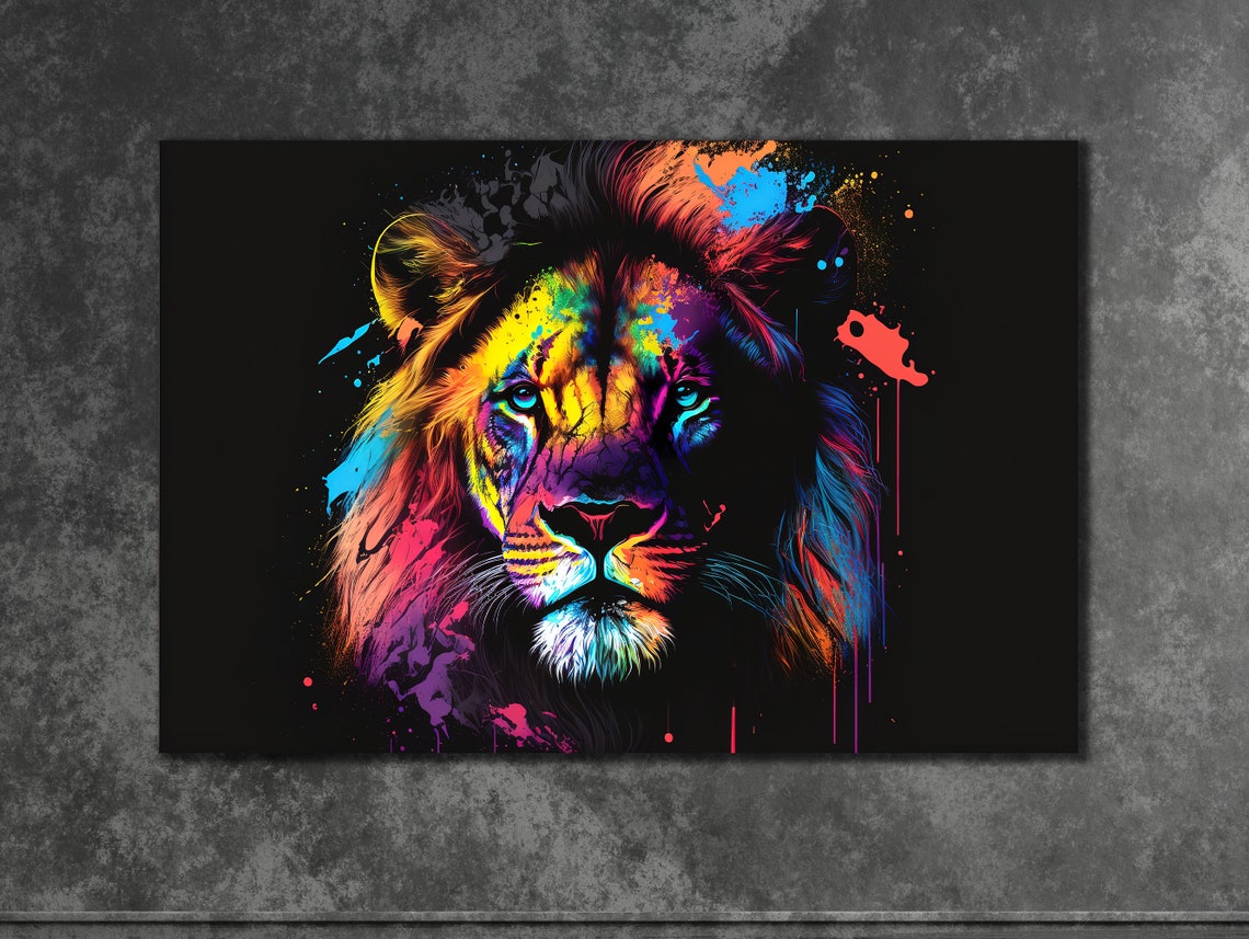 Rainbow Splash Lion Head Roaring on Black Background Art Poster - Image 3