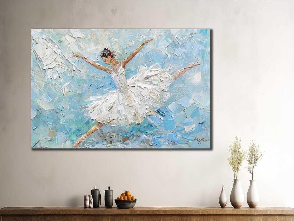 Leaping Ballerina White Tutu Ice Blue Textured Ballet Art Poster - Image 2