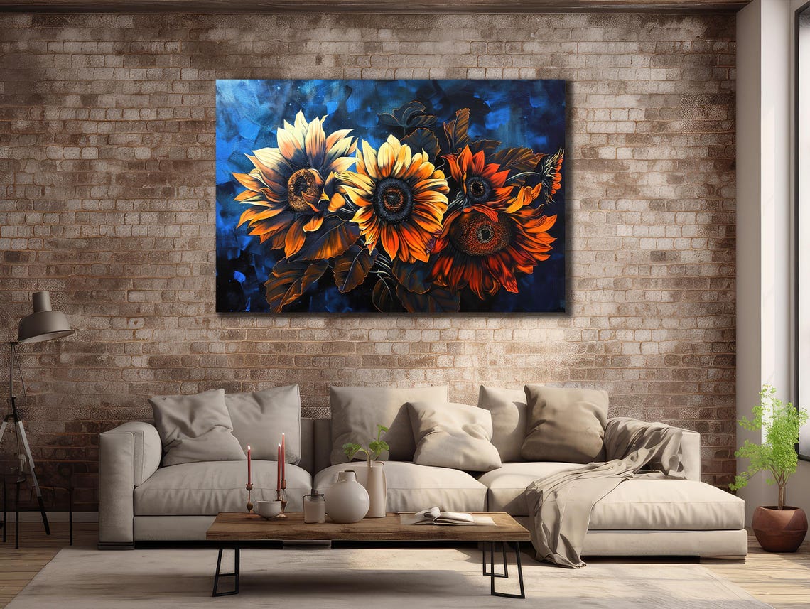 Golden Sunflowers on Deep Blue Starry Night Floral Wall Art Poster - Image 2