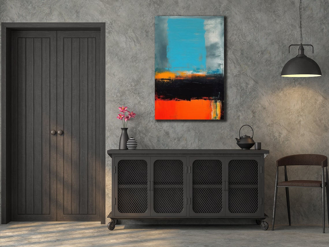Turquoise Orange Black Abstract Vertical Modern Bold Canvas Art Poster - Image 2