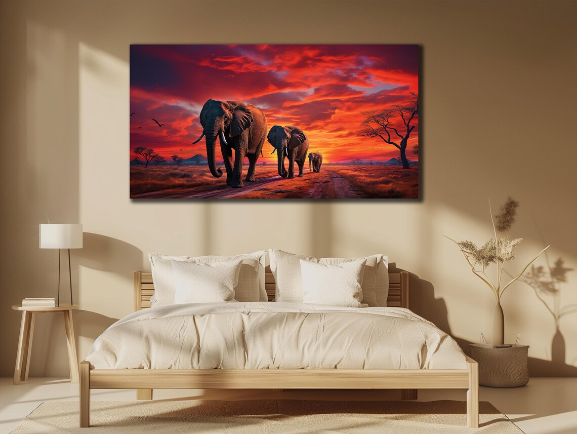 Elephant Family Walking African Sunset Safari Wildlife Wall Art Poster - Image 2