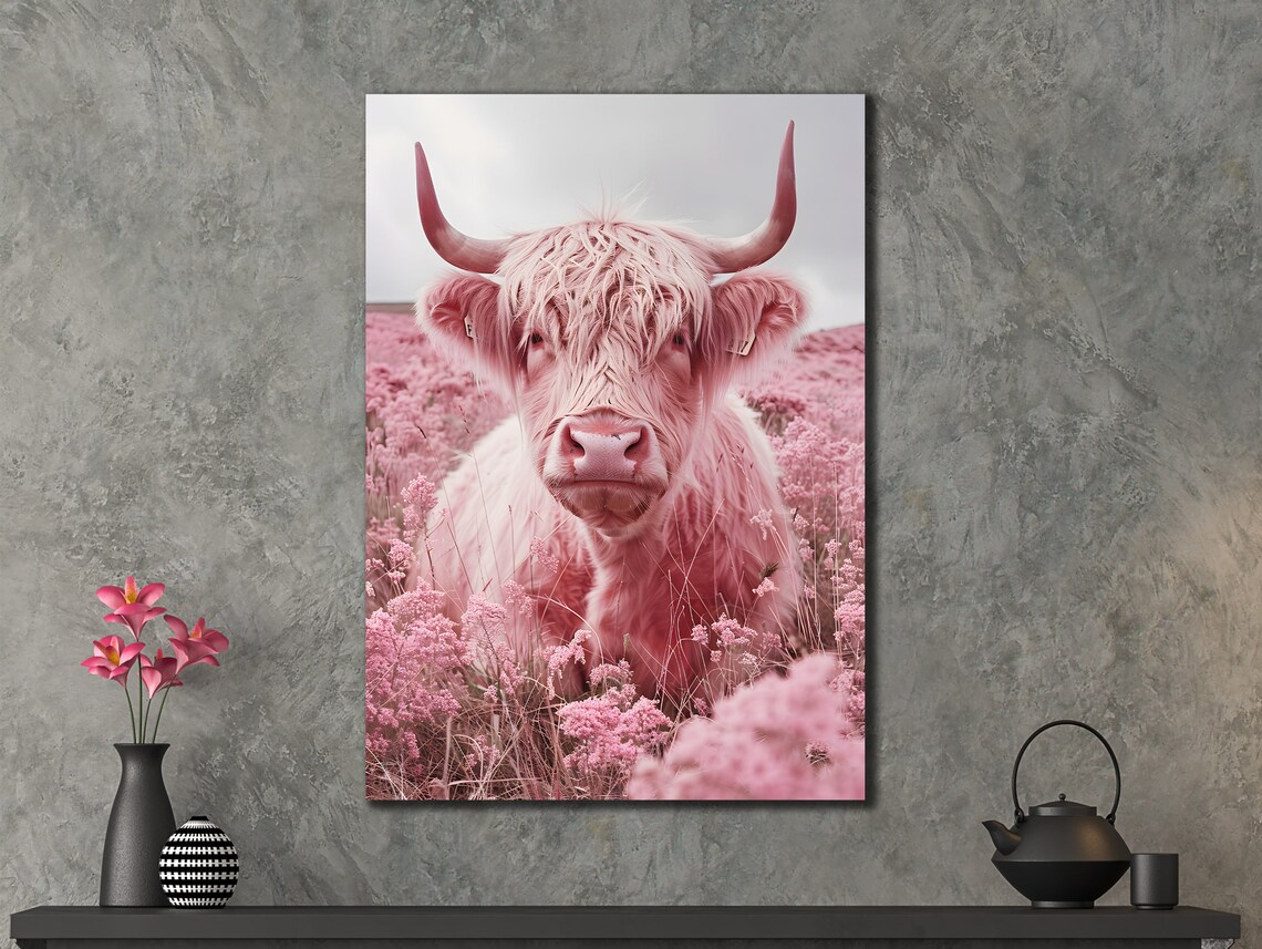 Pink Highland Cow Flower Field Cute Farm Animal Wall Art Print - Image 2