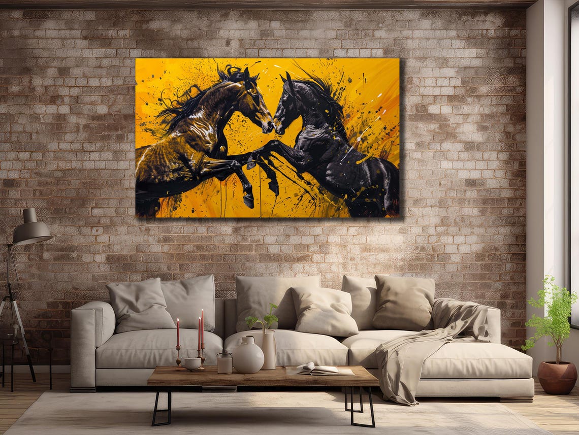 Two Rearing Horses Nose to Nose Vivid Yellow Abstract Stallion Print - Image 2