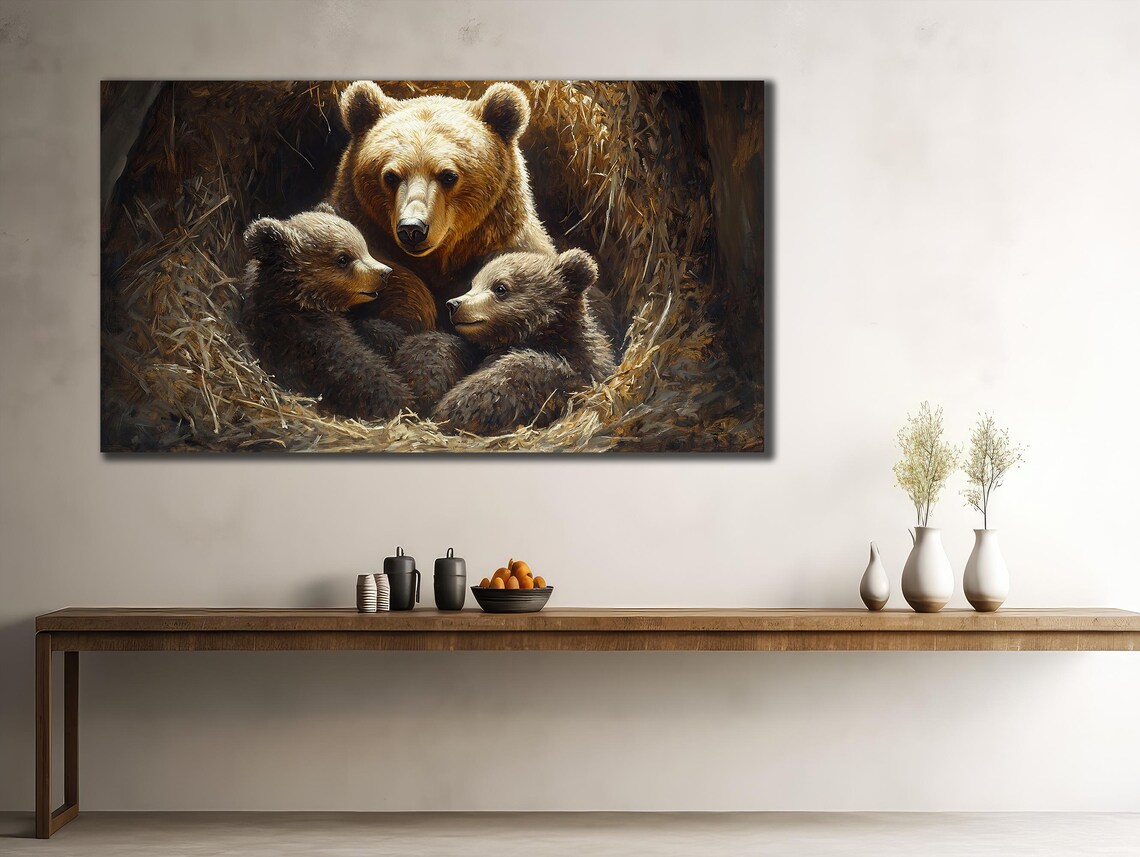 Mother Bear With Two Cubs Cozy Den Wildlife Brown Bear Family Wall Art Poster - Image 2