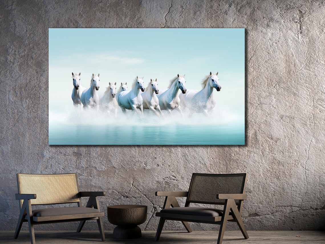 White Horses Running Through Water Mist Minimal Animal Art Poster - Image 3