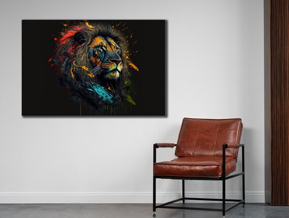 Colorful Lion Head Splash Art Black Background Wild King Animal Wall Poster