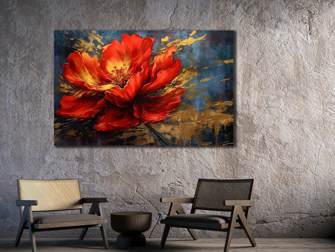 Red Poppy Bloom Blue Gold Abstract Bold Floral Painting Poster