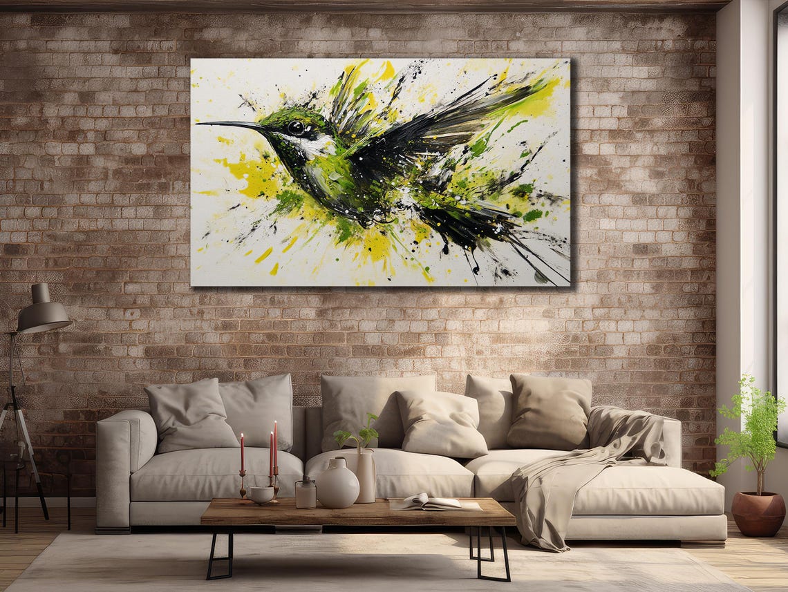 Emerald Green Hummingbird Splash Abstract Bird Painting Canvas Poster - Image 2