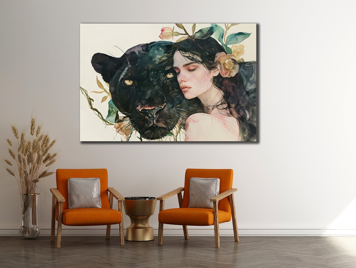Watercolor Woman and Black Panther Floral Portrait Elegant Wall Art Poster - Image 2