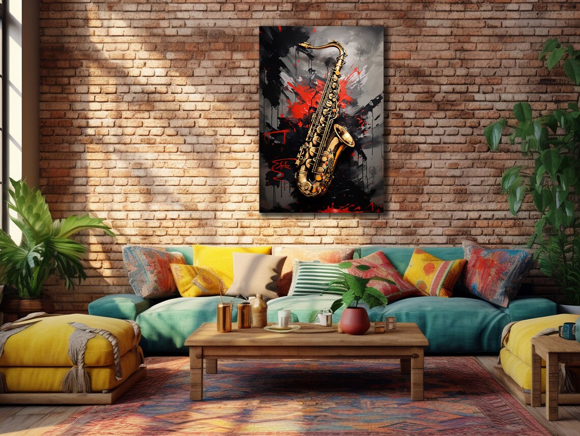 Jazz Saxophone Golden Instrument Red Black Splash Painting Poster - Image 2