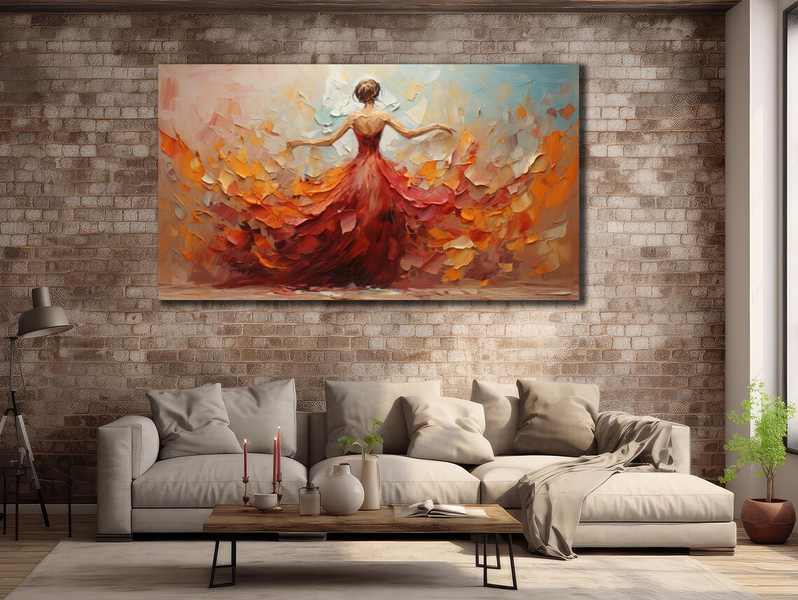 Dancer in Red Dress Impasto Paint Swirls Pink Orange Art Poster - Image 3