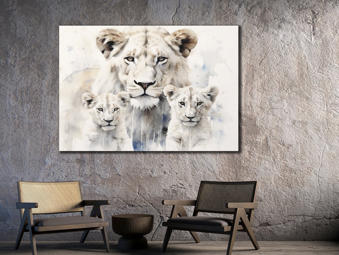 White Lioness with Cubs Watercolor Family Gentle Animal Art Poster - Image 3