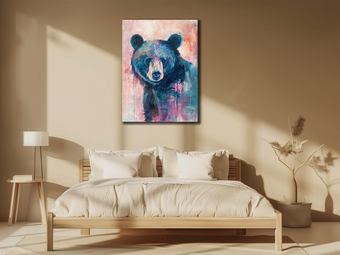 Blue Bear Portrait Pink Teal Paint Splash Modern Wildlife Poster - Image 2