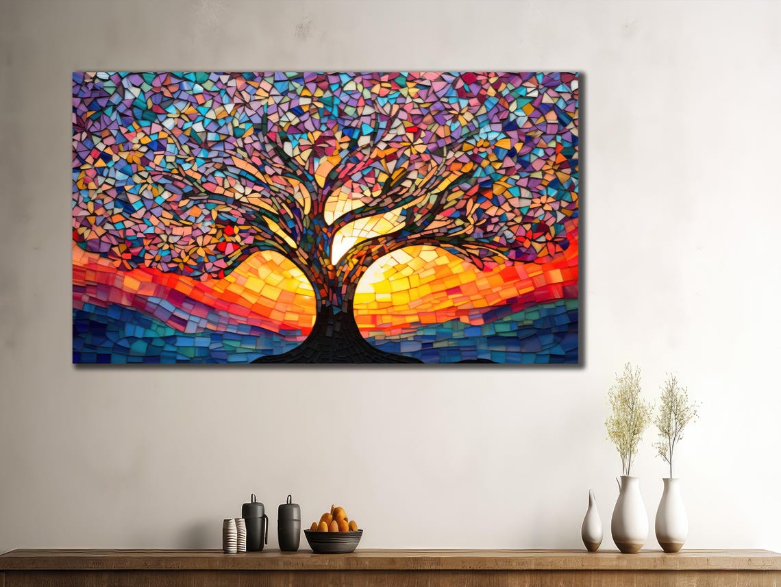 Tree Of Life Stained Glass Mosaic Colorful Sunset Tree Wall Poster - Image 3