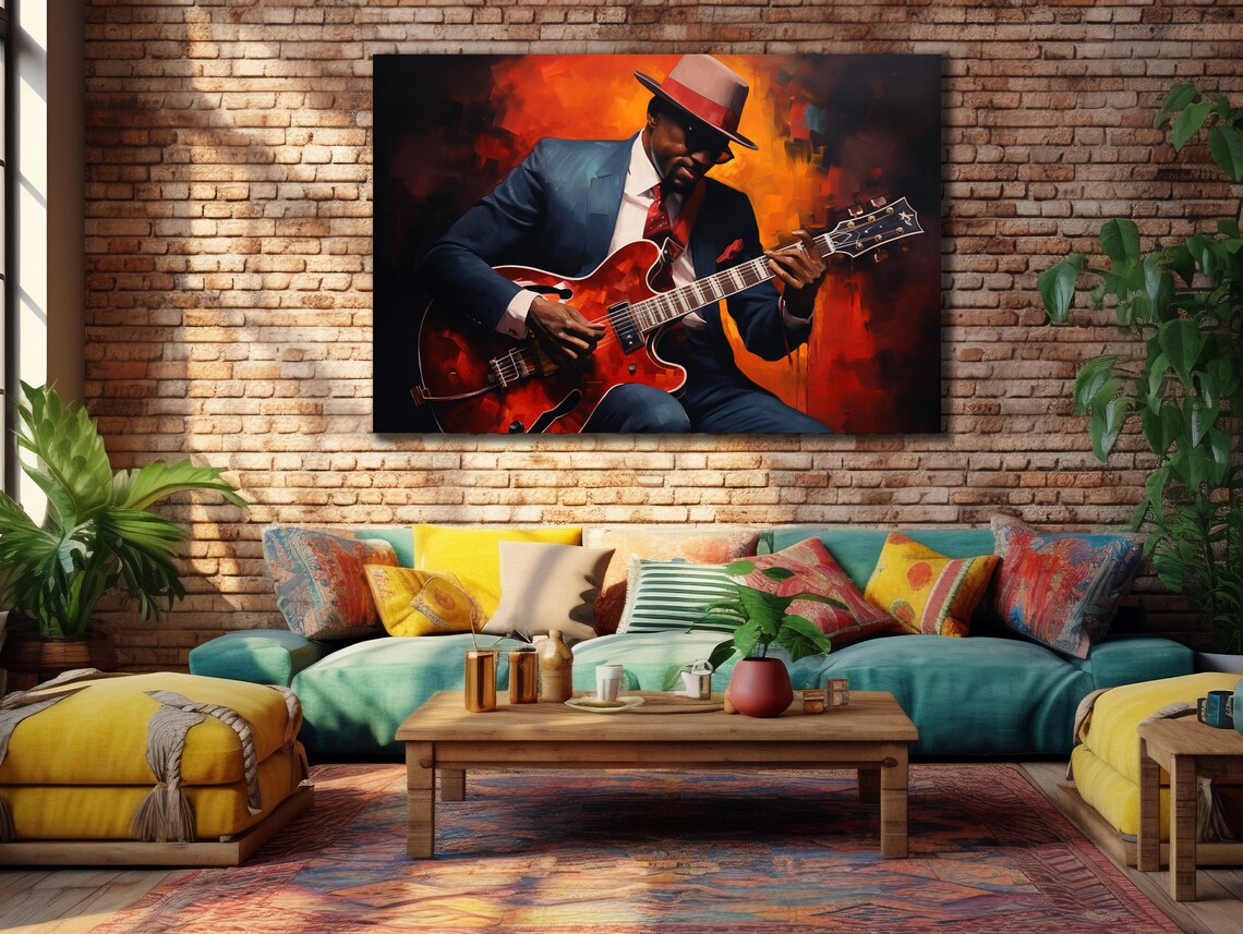 Jazz Guitarist In Suit And Hat Playing Red Electric Guitar Poster