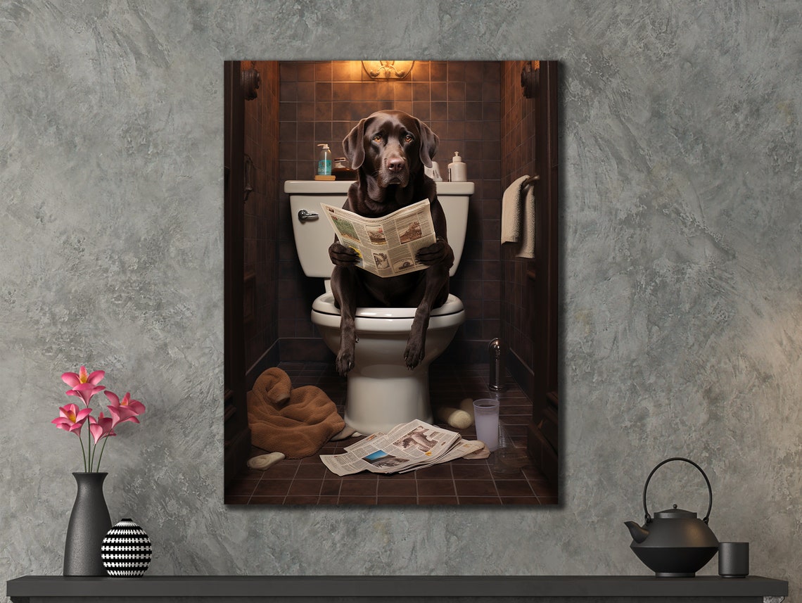 Funny Dog on Toilet Reading Newspaper Humorous Bathroom Wall Art - Image 2