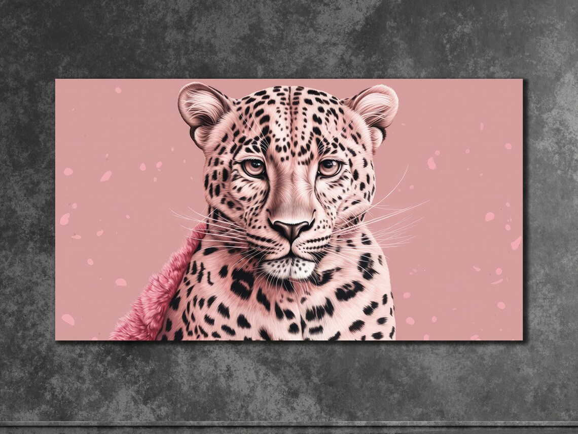 Pink Leopard Portrait Big Cat Soft Pink Floral Background Art Poster