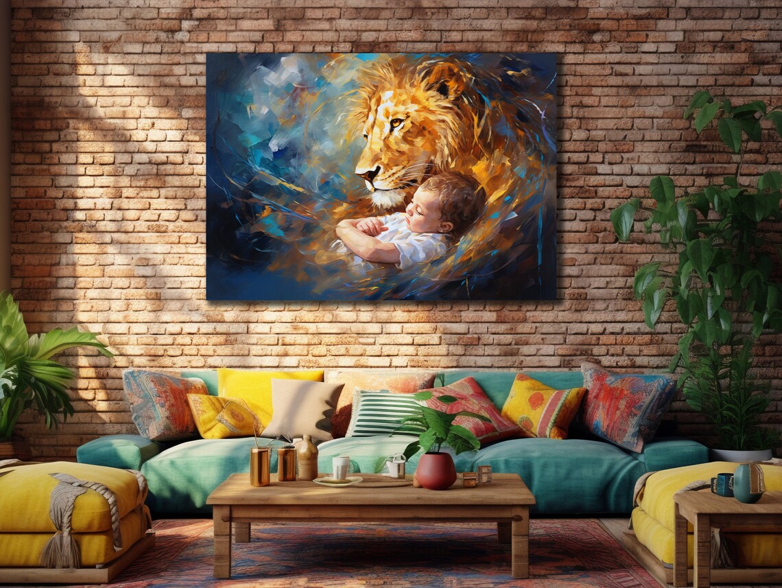 Lion and Sleeping Child Painting Tender Guardian Wild Heartwarming Wall Art Poster - Image 3