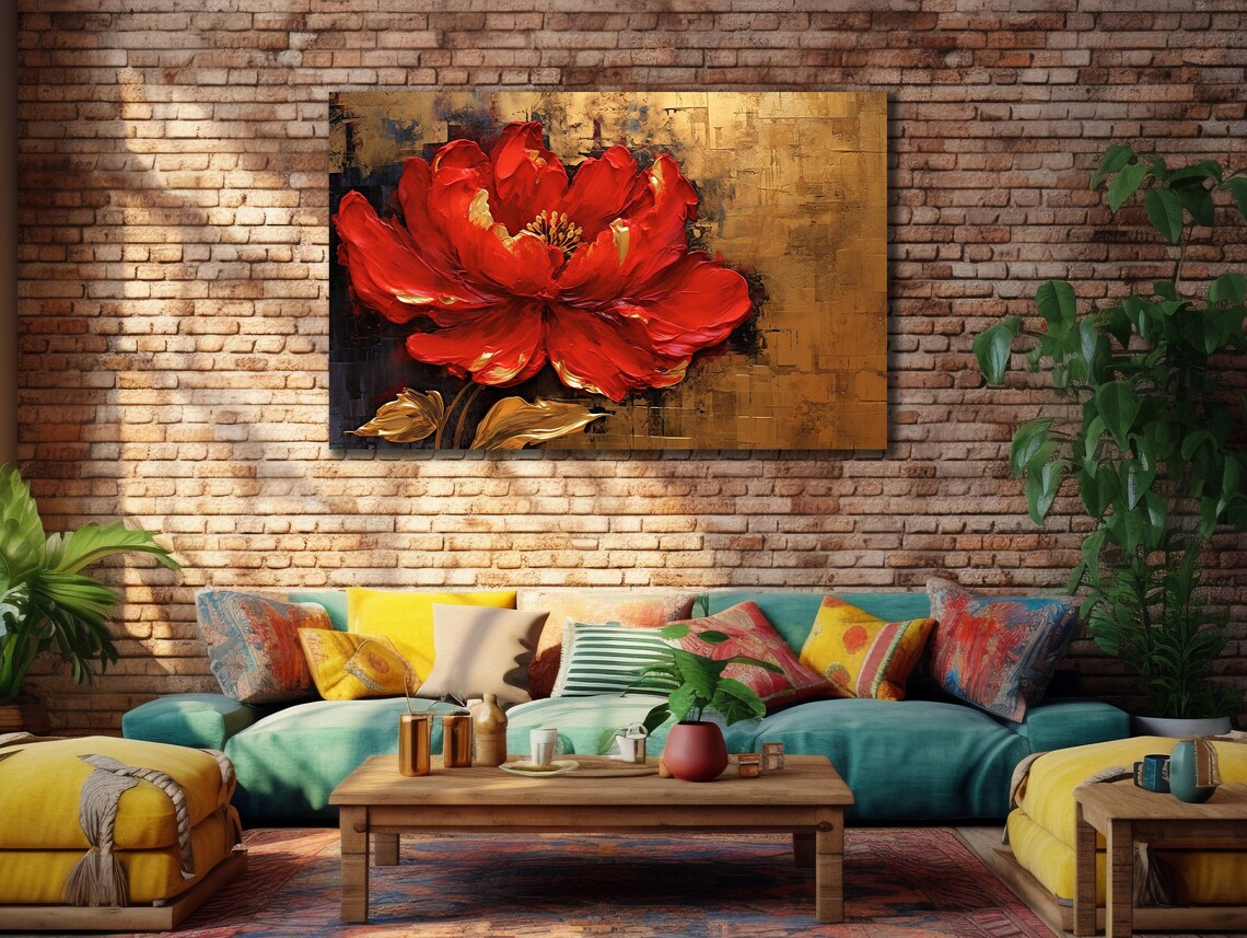 Red Peony Gold Textured Background Luxe Floral Oil Art Poster - Image 2