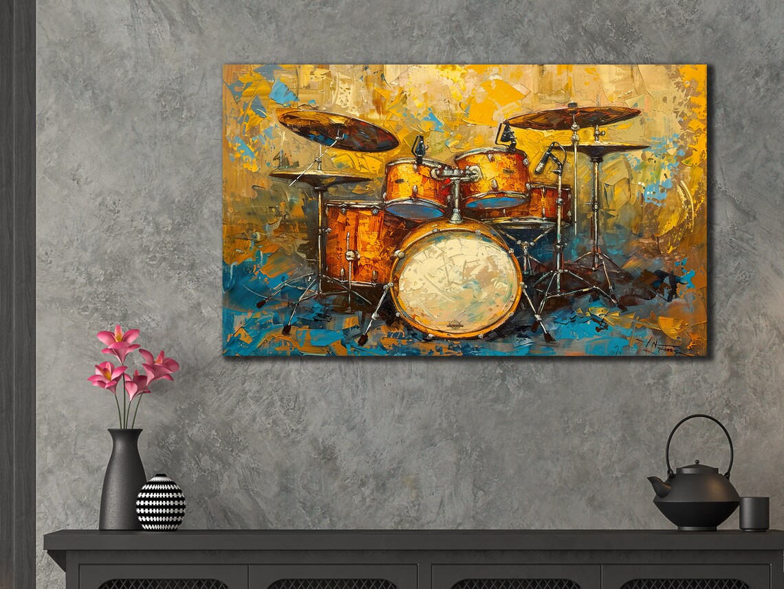 Orange Gold Drum Set Abstract Painting Modern Music Studio Wall Art Poster