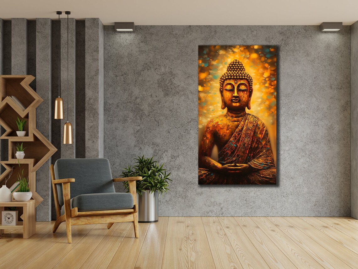 Meditating Buddha Statue Golden Bokeh Light Spiritual Calm Wall Art Poster - Image 3