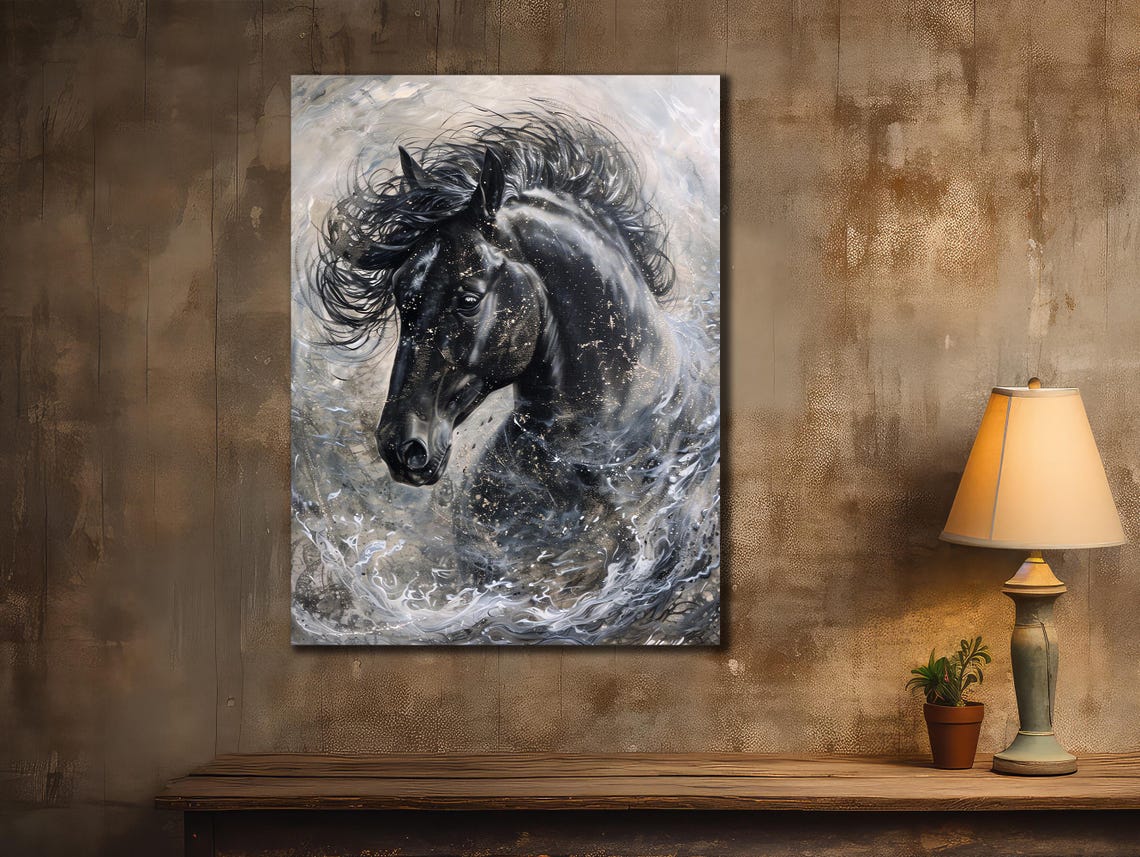 Black Horse Head Water Splash Monochrome Silver Motion Art Poster