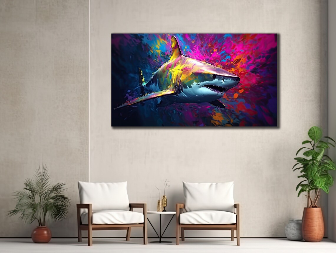 Colorful Neon Shark Abstract Ocean Painting Bold Animal Wall Poster - Image 3