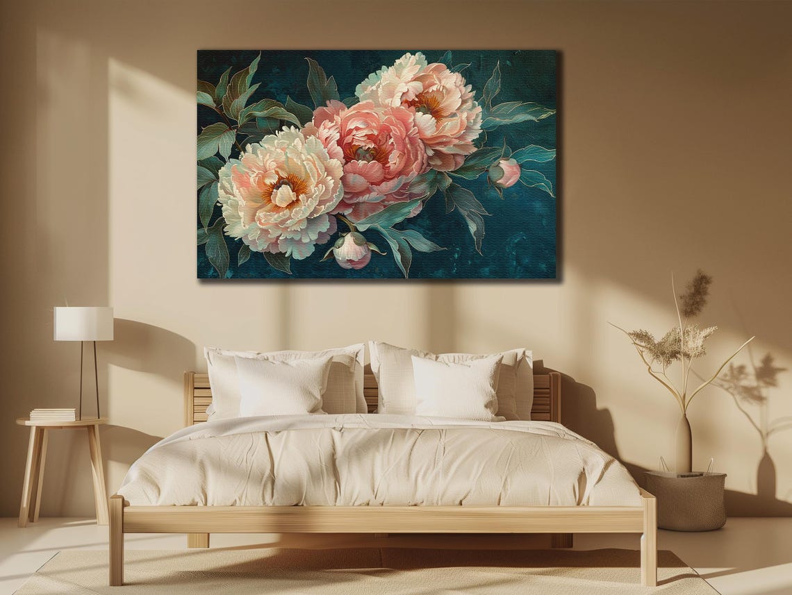 White Blush Peonies Dark Teal Chinoiserie Floral Wall Art Poster