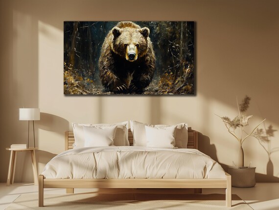 Brown Bear Walking Dark Forest Dramatic Wildlife Painting Poster