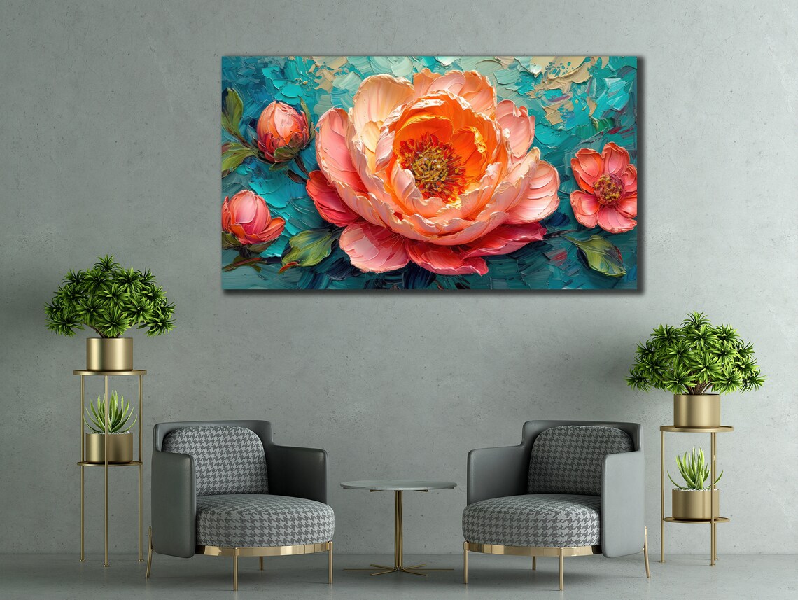 Pink Peony Blossom Impasto Painting On Teal Background Floral Poster - Image 2