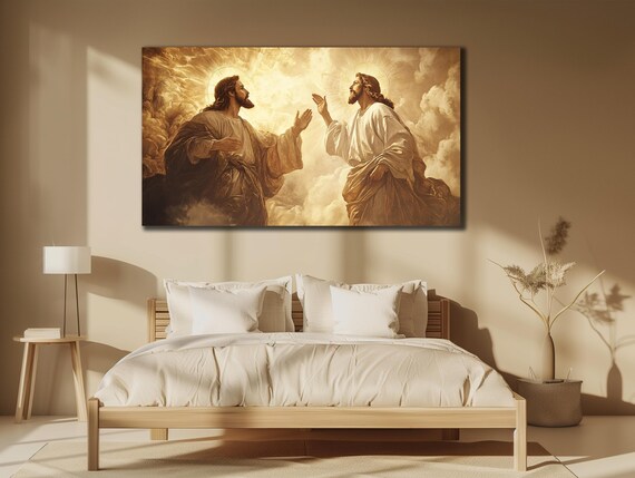 Jesus Heavenly Encounter Golden Clouds Sacred Christian Artwork Poster