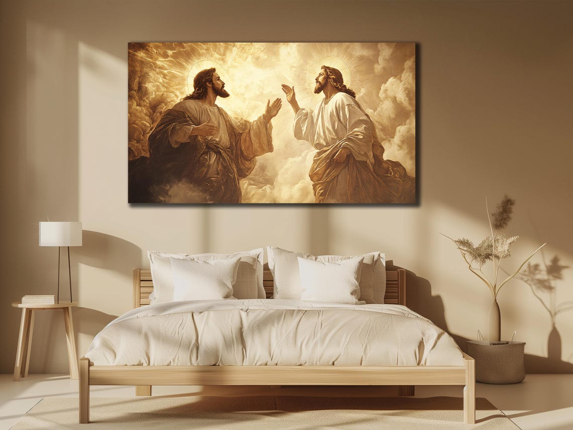 Jesus Heavenly Encounter Golden Clouds Sacred Christian Artwork Poster