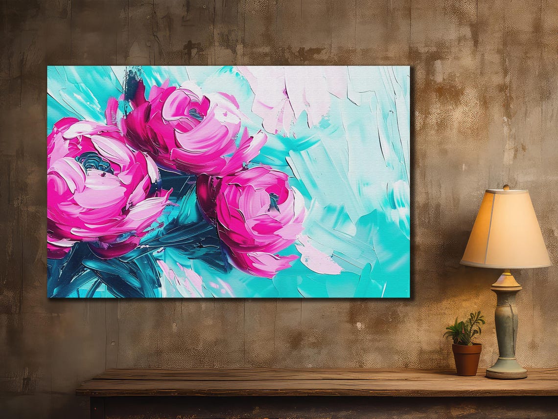 Magenta Peonies Turquoise Background Impasto Floral Artwork Poster